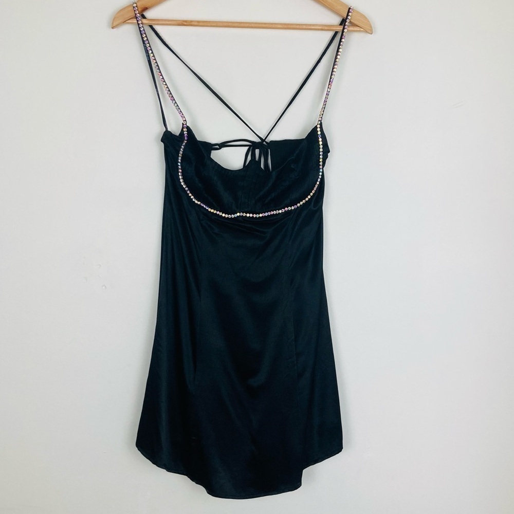 For Love & Lemons Elora black satin mini dress with rhinestone straps. NWT Small - Picture 5 of 9